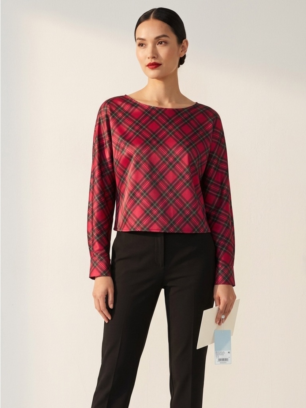 Antonio Melani Wov Blyss Satin Red Tartan Plaid Top Blouse NWT Size M RP$79